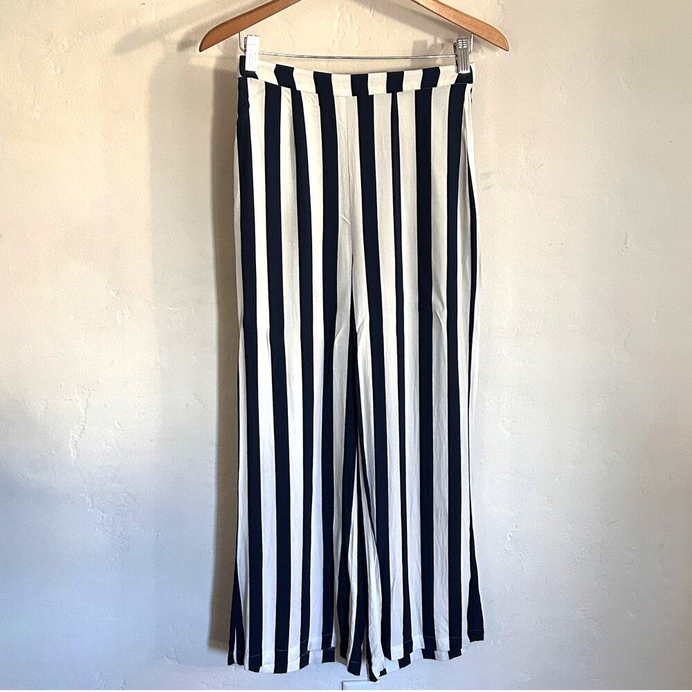 Reformation Wide Leg Pants Navy White Stripe Size 4 Flat Front